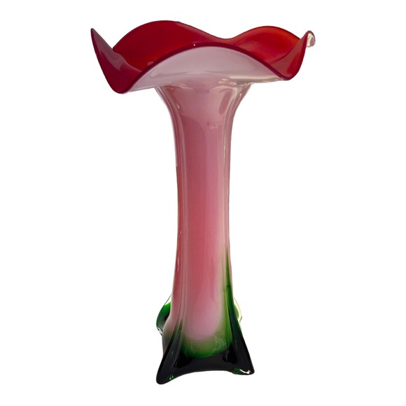 Red Amaryllis 5 Petal Murano Style Glass Cased 14.5” Vase - Picture 3 of 9